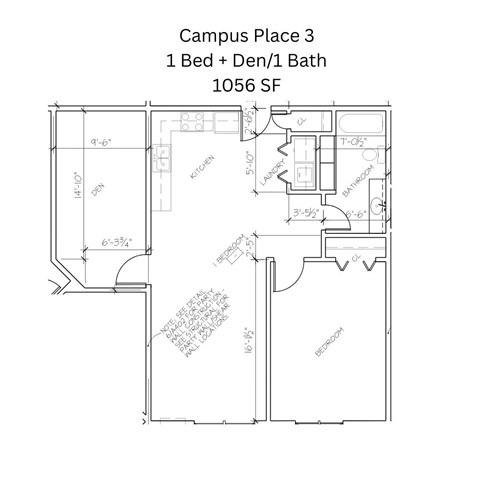 Floor plan for 1 bed, 1 bath, 1056 sqft